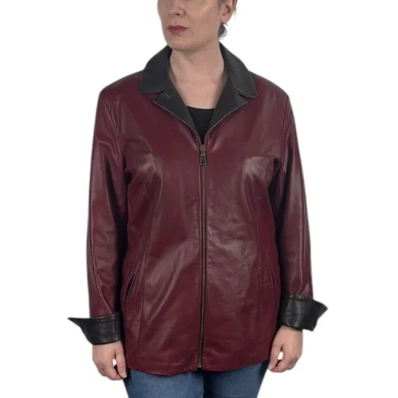 VINTAGE 90S PERUZZI CHERRY RED BLACK WAIST TIE ZIP UP ITALIAN LEATHER JACKET